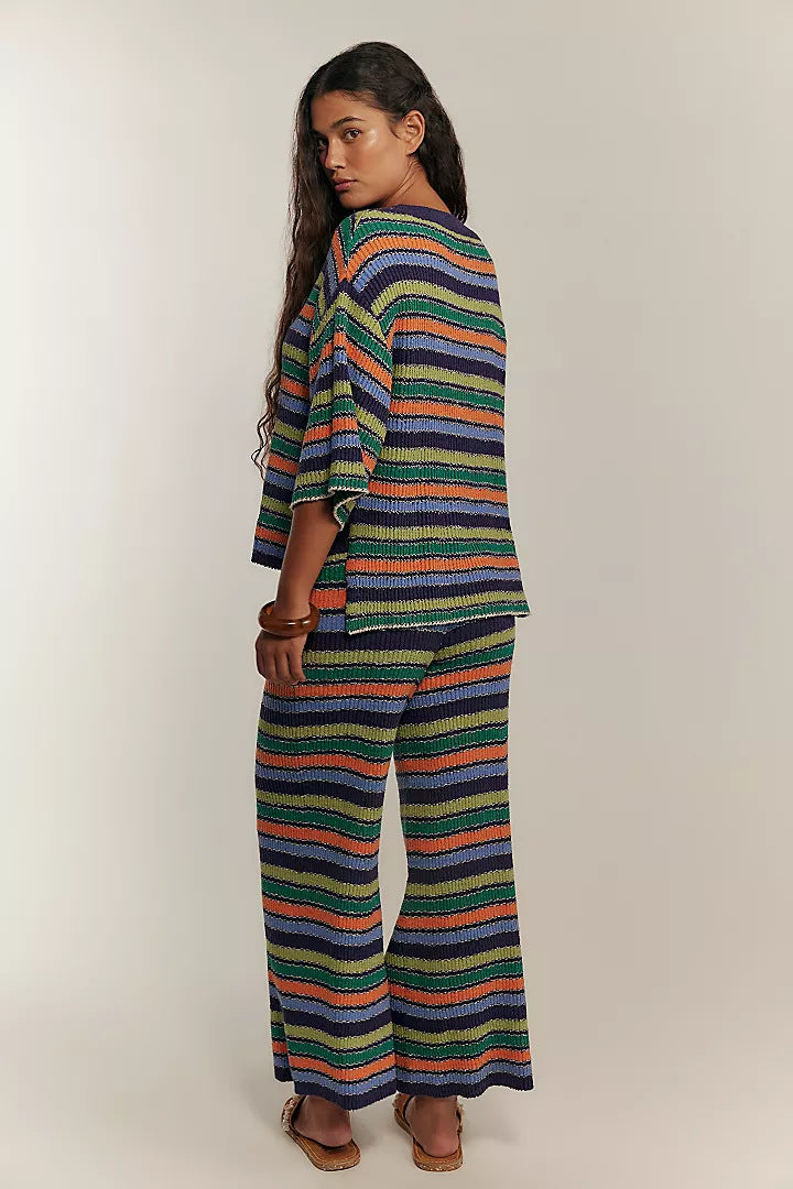 Retro striped knit crew neck top and wide-leg pants two-piece set