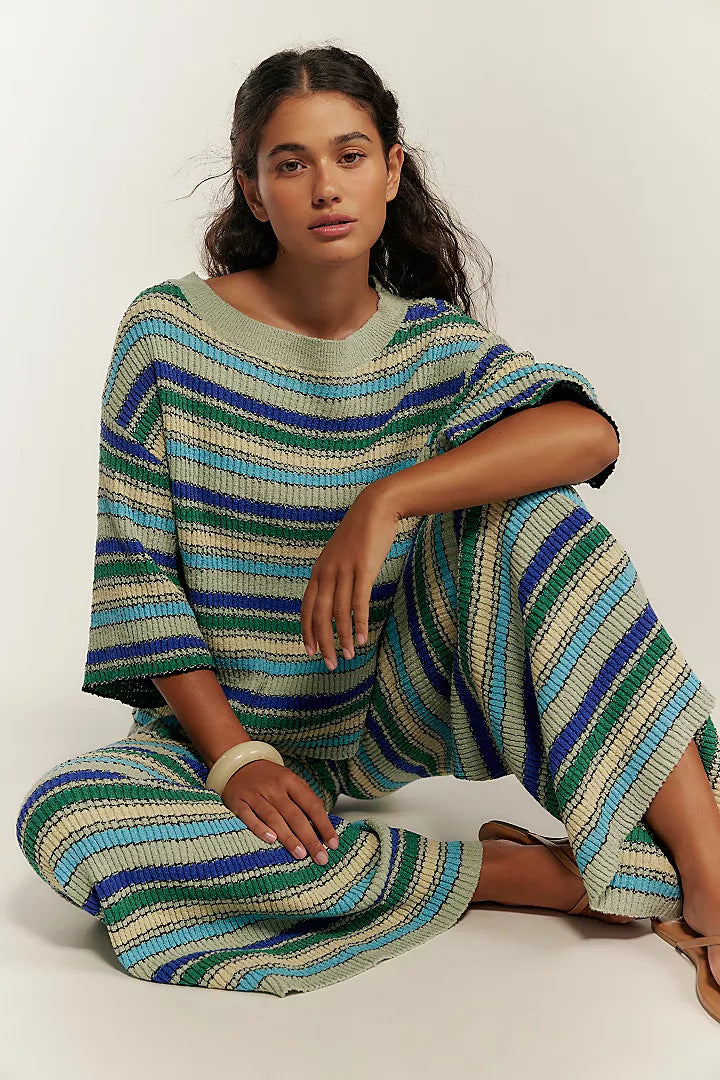 Retro striped knit crew neck top and wide-leg pants two-piece set