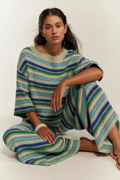 Retro striped knit crew neck top and wide-leg pants two-piece set
