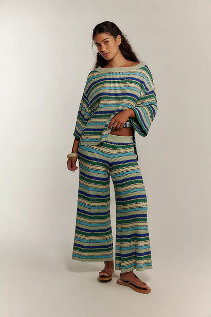 Retro striped knit crew neck top and wide-leg pants two-piece set