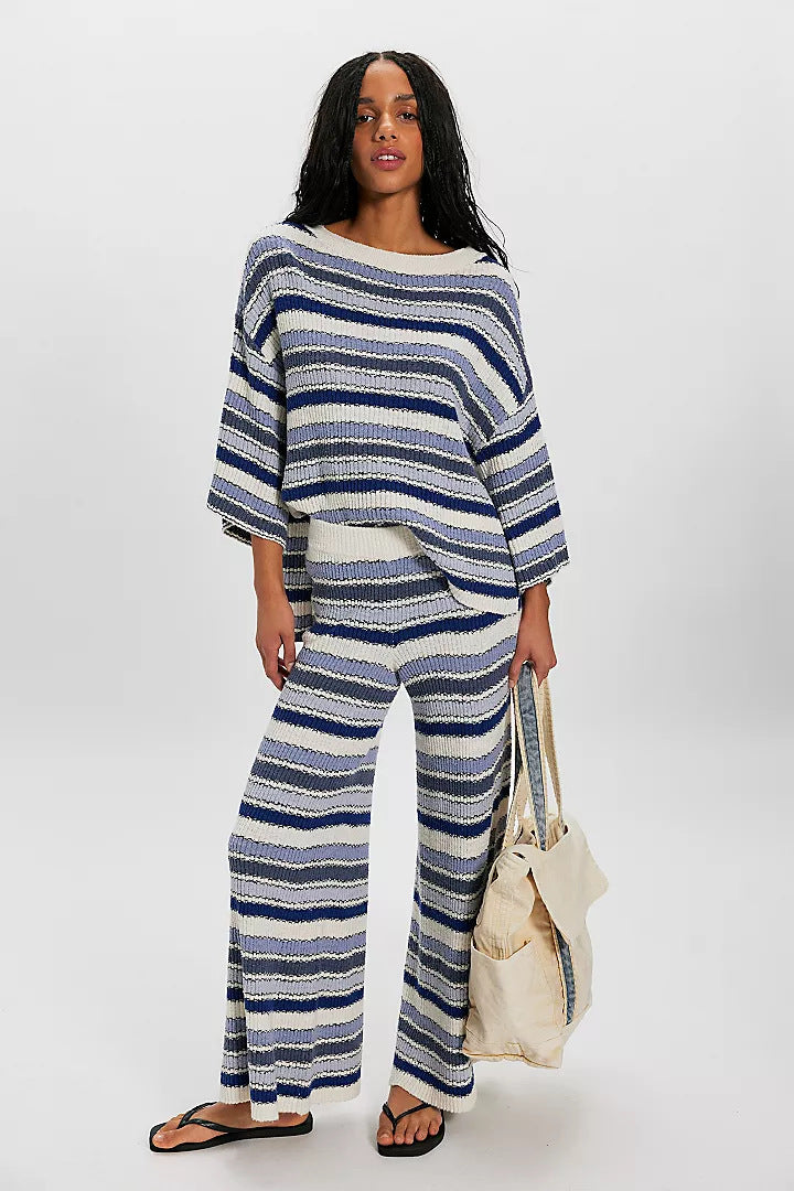 Retro striped knit crew neck top and wide-leg pants two-piece set