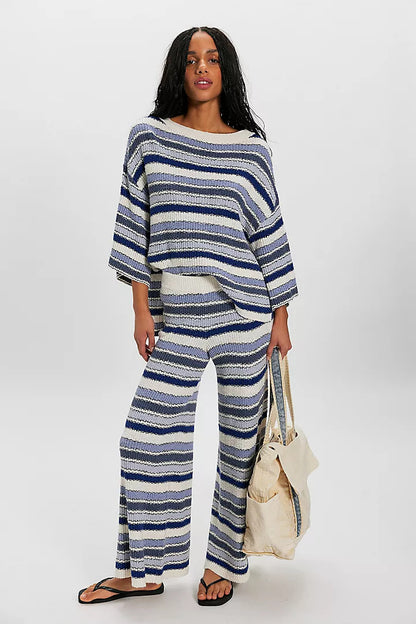 Retro striped knit crew neck top and wide-leg pants two-piece set