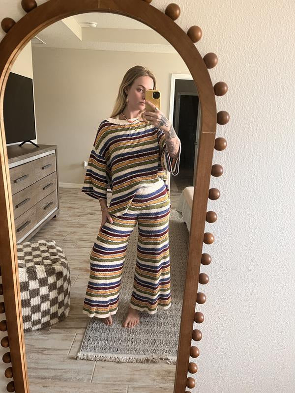 Retro striped knit crew neck top and wide-leg pants two-piece set