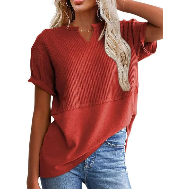 Hot Sale-Women's Casual V Neck Waffle Knit Tops Short Sleeve T Shirts
