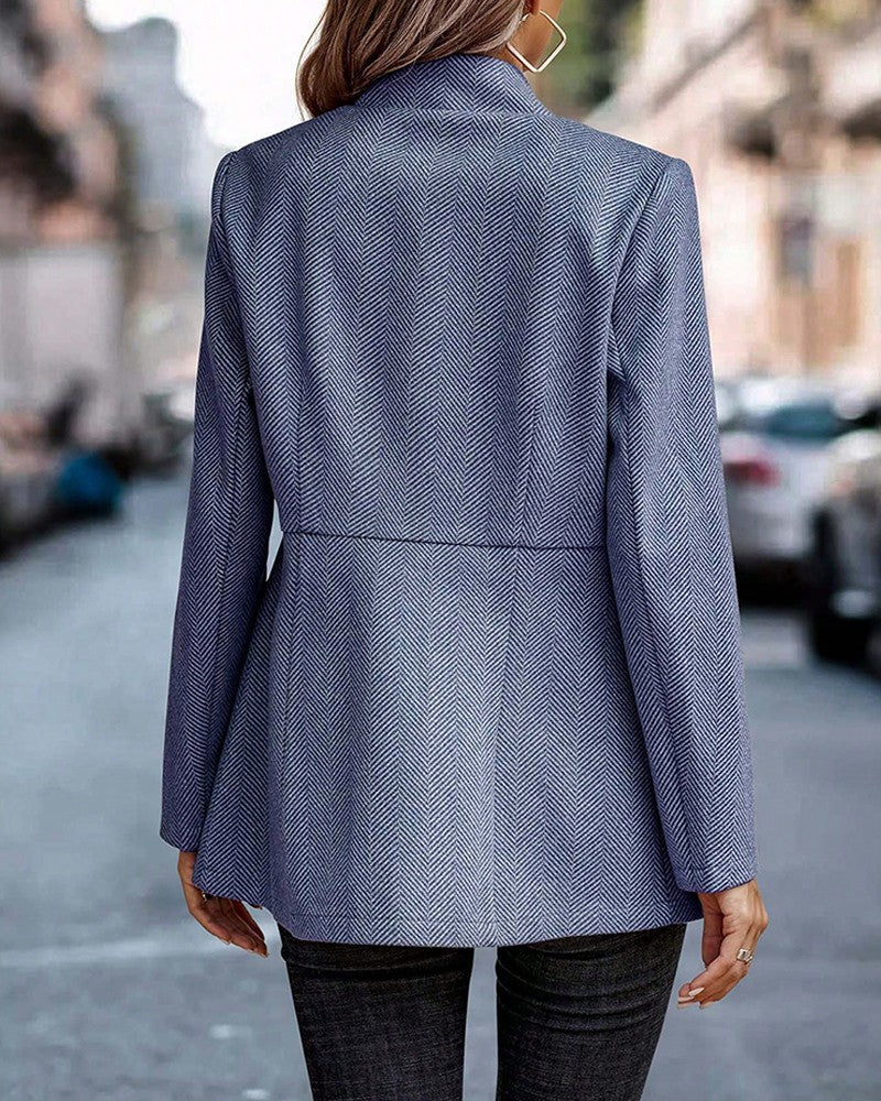 Women's stand-up collar herringbone blazer with pockets