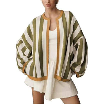 Hot Sale-Women Striped Knit Cardigan Oversized Open Front Balloon Long Sleeve Sweater