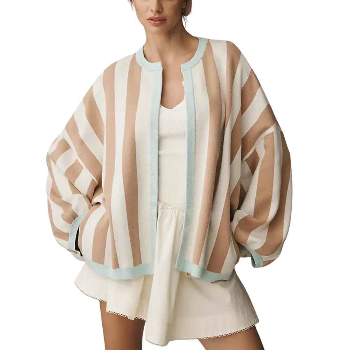 Hot Sale-Women Striped Knit Cardigan Oversized Open Front Balloon Long Sleeve Sweater