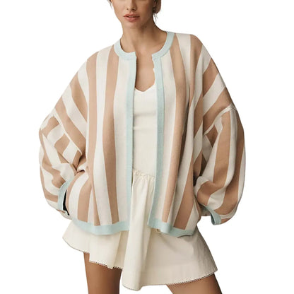 Hot Sale-Women Striped Knit Cardigan Oversized Open Front Balloon Long Sleeve Sweater