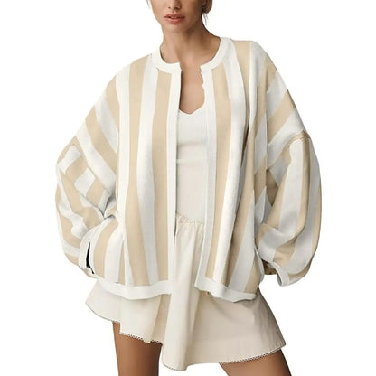 Hot Sale-Women Striped Knit Cardigan Oversized Open Front Balloon Long Sleeve Sweater