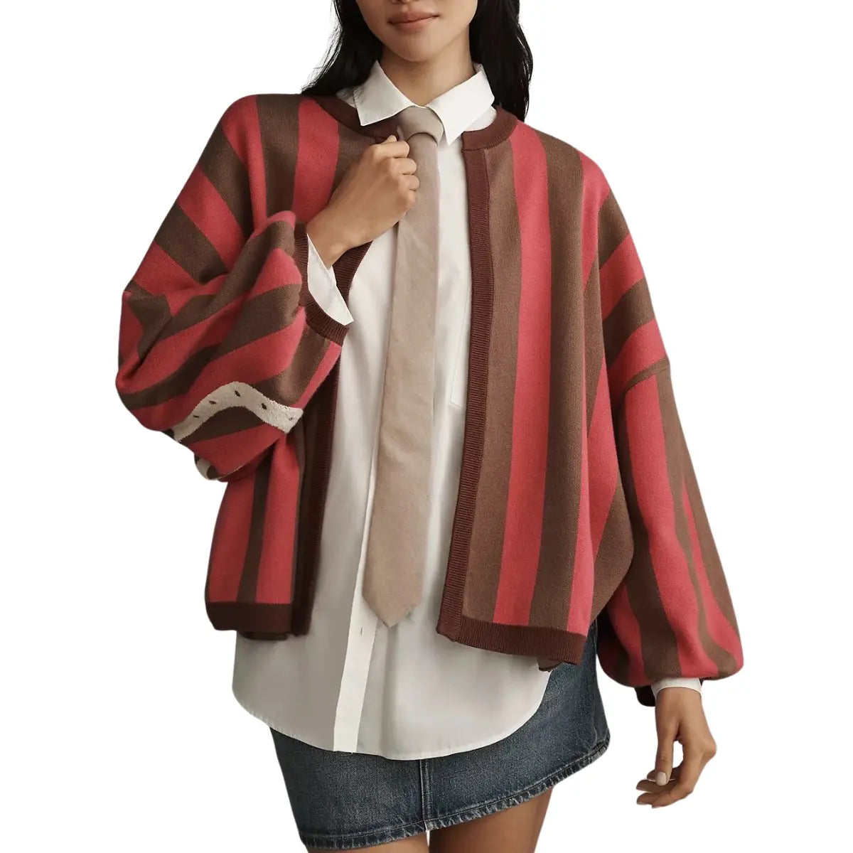 Hot Sale-Women Striped Knit Cardigan Oversized Open Front Balloon Long Sleeve Sweater