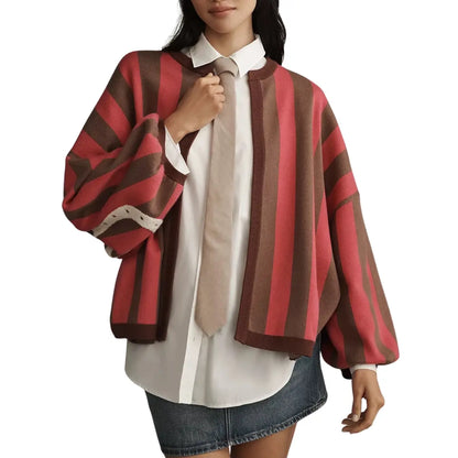 Hot Sale-Women Striped Knit Cardigan Oversized Open Front Balloon Long Sleeve Sweater