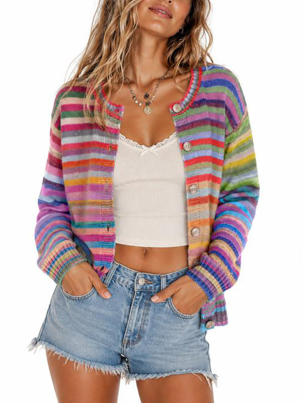 2026 New Women's Colorful Striped Long-Sleeved Crew Neck Button-Up Knit Cardigan
