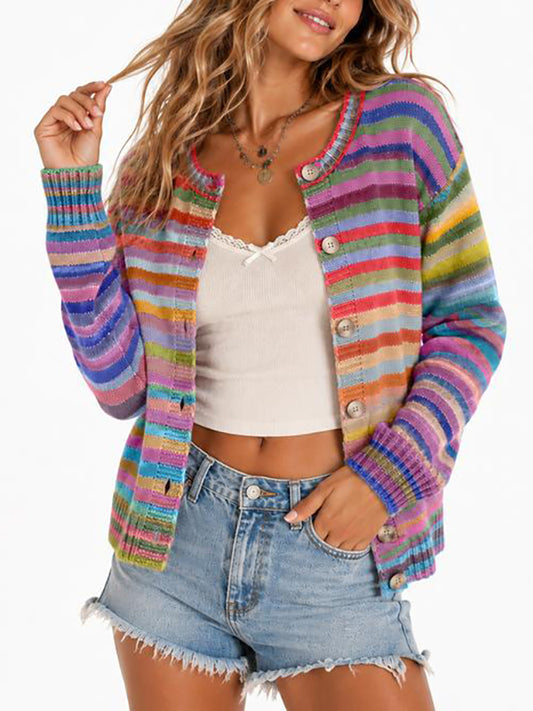 2026 New Women's Colorful Striped Long-Sleeved Crew Neck Button-Up Knit Cardigan