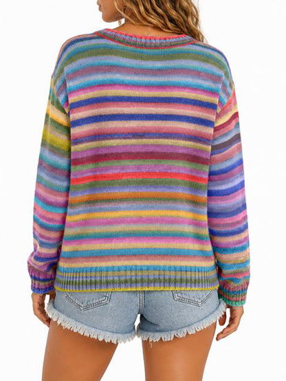 2026 New Women's Colorful Striped Long-Sleeved Crew Neck Button-Up Knit Cardigan