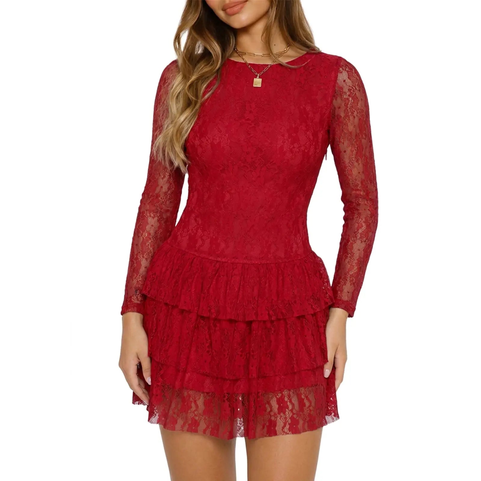 Womens Long Sleeve Mini Dress Sexy Lace Tiered Ruffle Party Dresses
