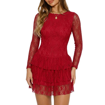 Womens Long Sleeve Mini Dress Sexy Lace Tiered Ruffle Party Dresses