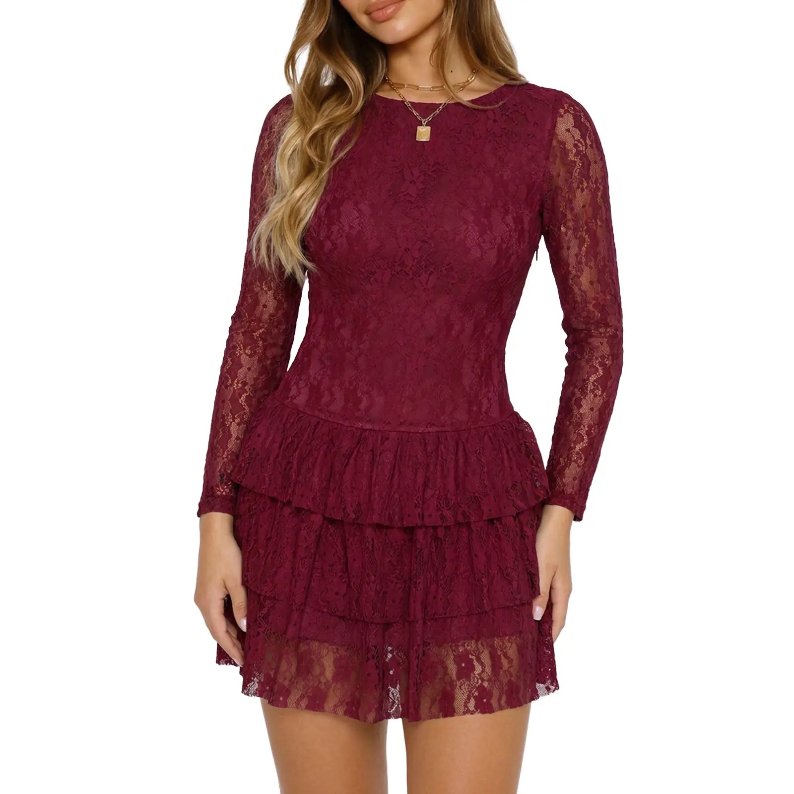 Womens Long Sleeve Mini Dress Sexy Lace Tiered Ruffle Party Dresses