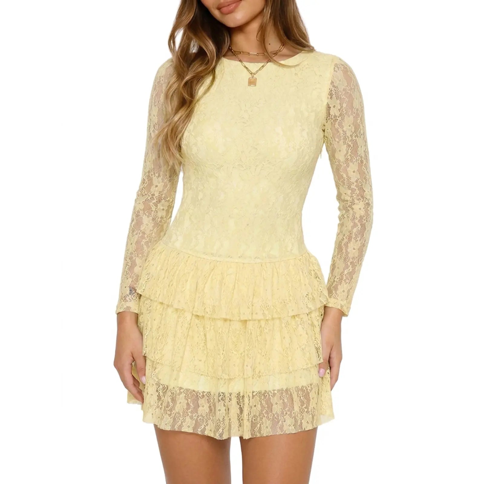 Womens Long Sleeve Mini Dress Sexy Lace Tiered Ruffle Party Dresses