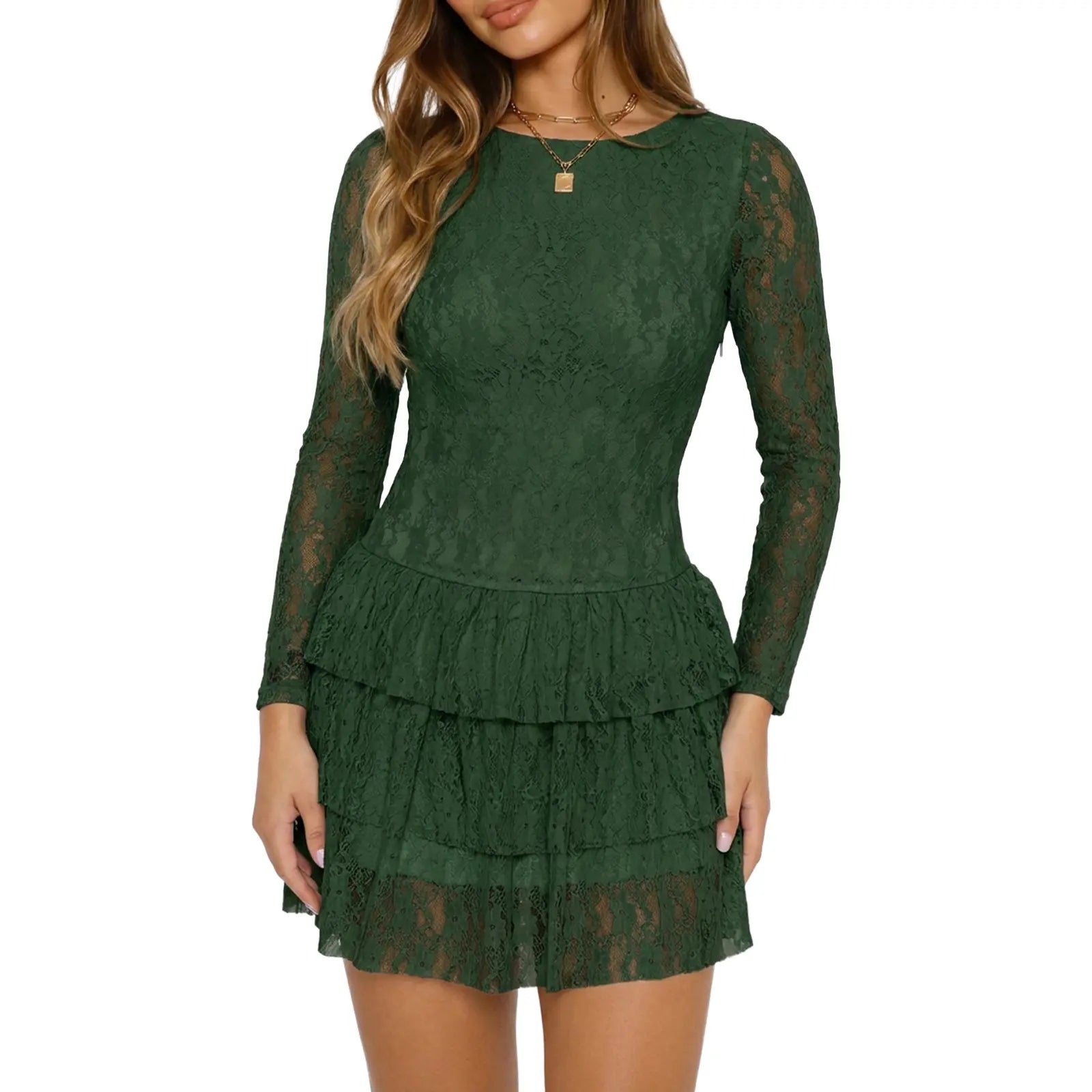 Womens Long Sleeve Mini Dress Sexy Lace Tiered Ruffle Party Dresses
