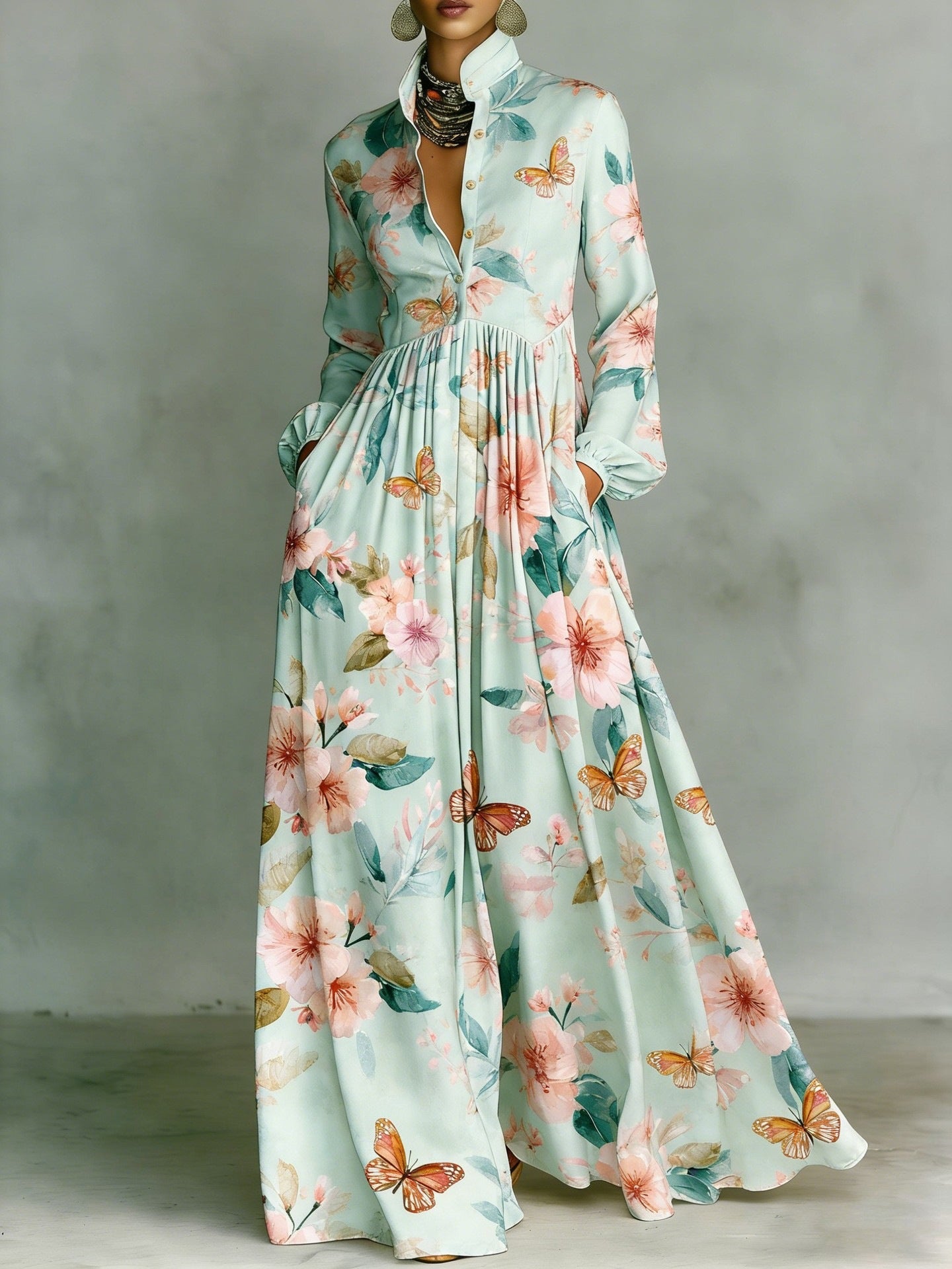 Printed Stand Collar Button‑Front Maxi Dress
