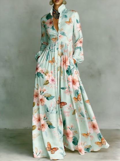 Printed Stand Collar Button‑Front Maxi Dress
