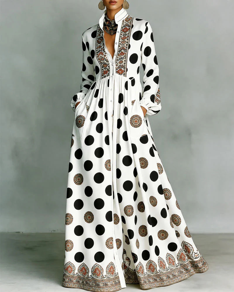 Printed Stand Collar Button‑Front Maxi Dress