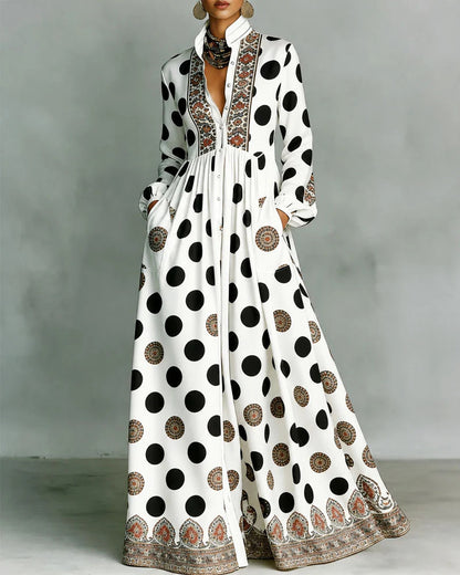 Printed Stand Collar Button‑Front Maxi Dress