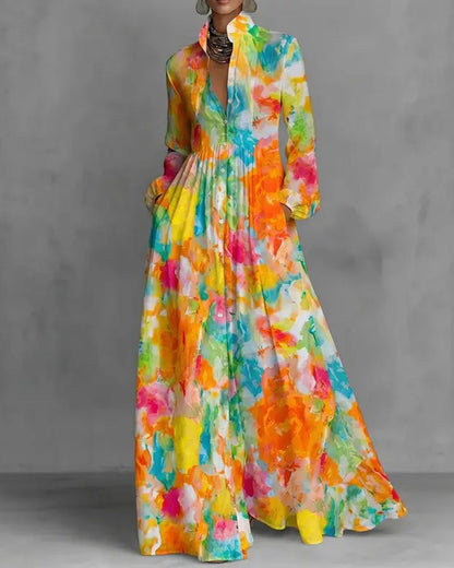 Printed Stand Collar Button‑Front Maxi Dress