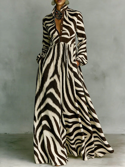Printed Stand Collar Button‑Front Maxi Dress