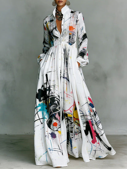 Printed Stand Collar Button‑Front Maxi Dress