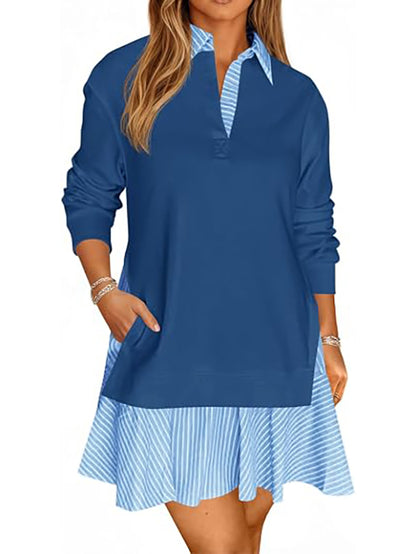 Women's loose V-neck sweatshirt with long sleeves and a mini skirt