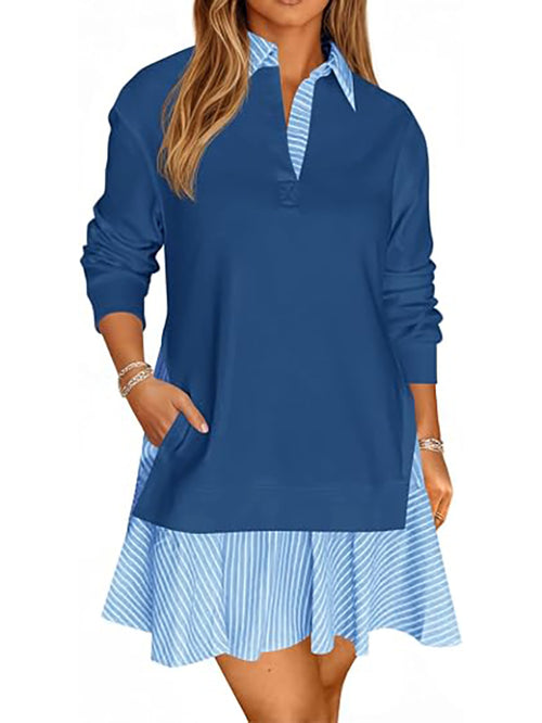 Women's loose V-neck sweatshirt with long sleeves and a mini skirt