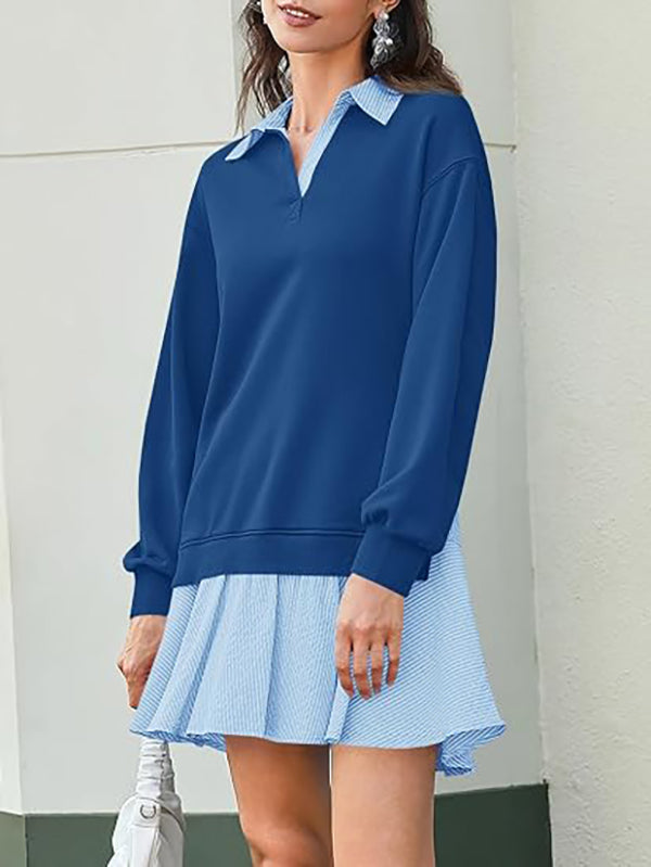 Women's loose V-neck sweatshirt with long sleeves and a mini skirt