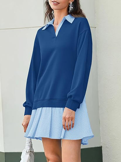 Women's loose V-neck sweatshirt with long sleeves and a mini skirt