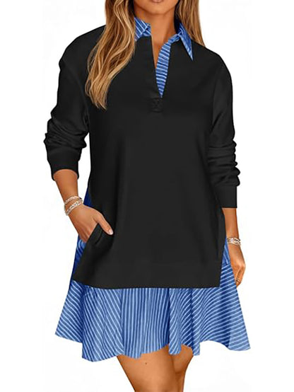 Women's loose V-neck sweatshirt with long sleeves and a mini skirt