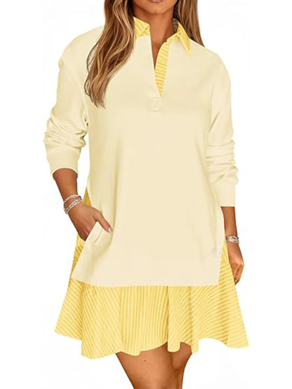 Women's loose V-neck sweatshirt with long sleeves and a mini skirt