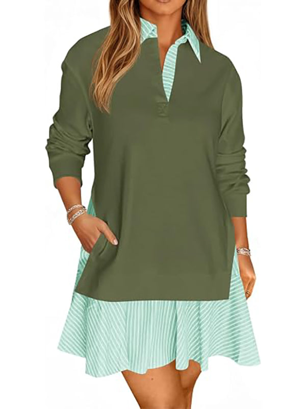 Women's loose V-neck sweatshirt with long sleeves and a mini skirt