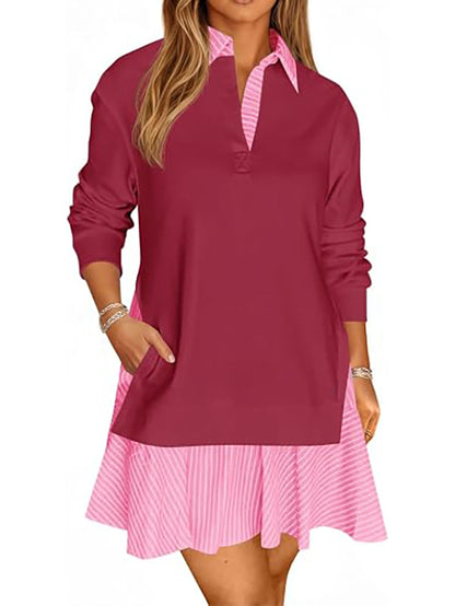 Women's loose V-neck sweatshirt with long sleeves and a mini skirt