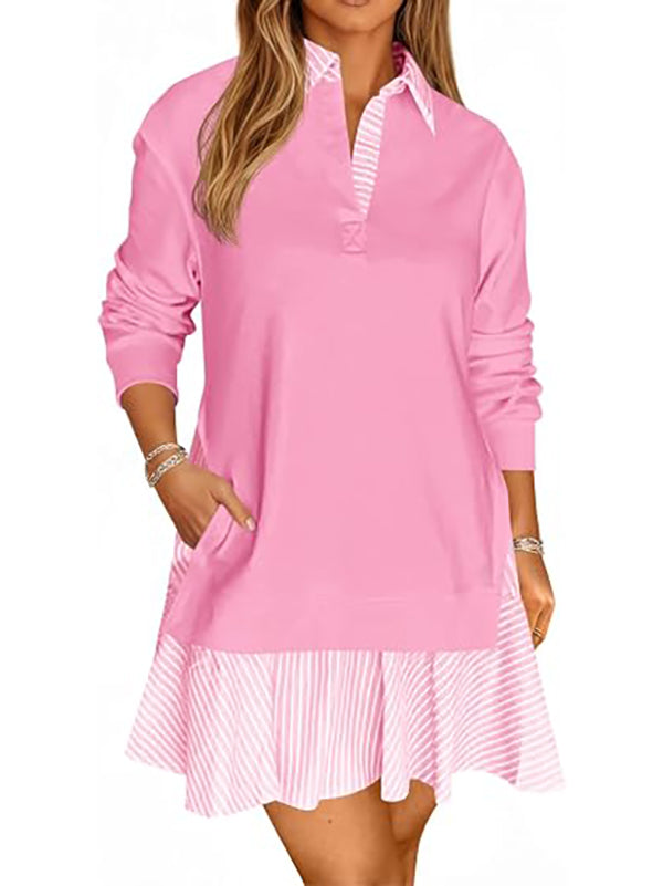 Women's loose V-neck sweatshirt with long sleeves and a mini skirt
