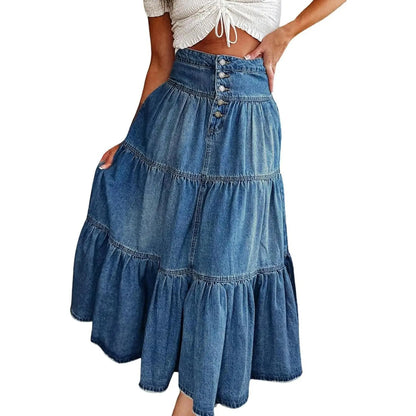 High-Waisted Tiered Denim Maxi Skirt