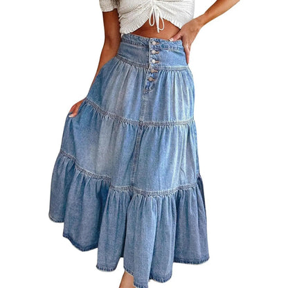 High-Waisted Tiered Denim Maxi Skirt