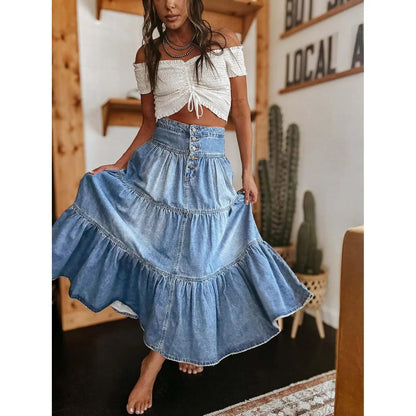 High-Waisted Tiered Denim Maxi Skirt