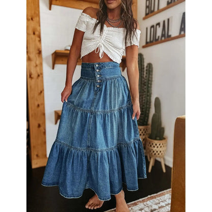 High-Waisted Tiered Denim Maxi Skirt