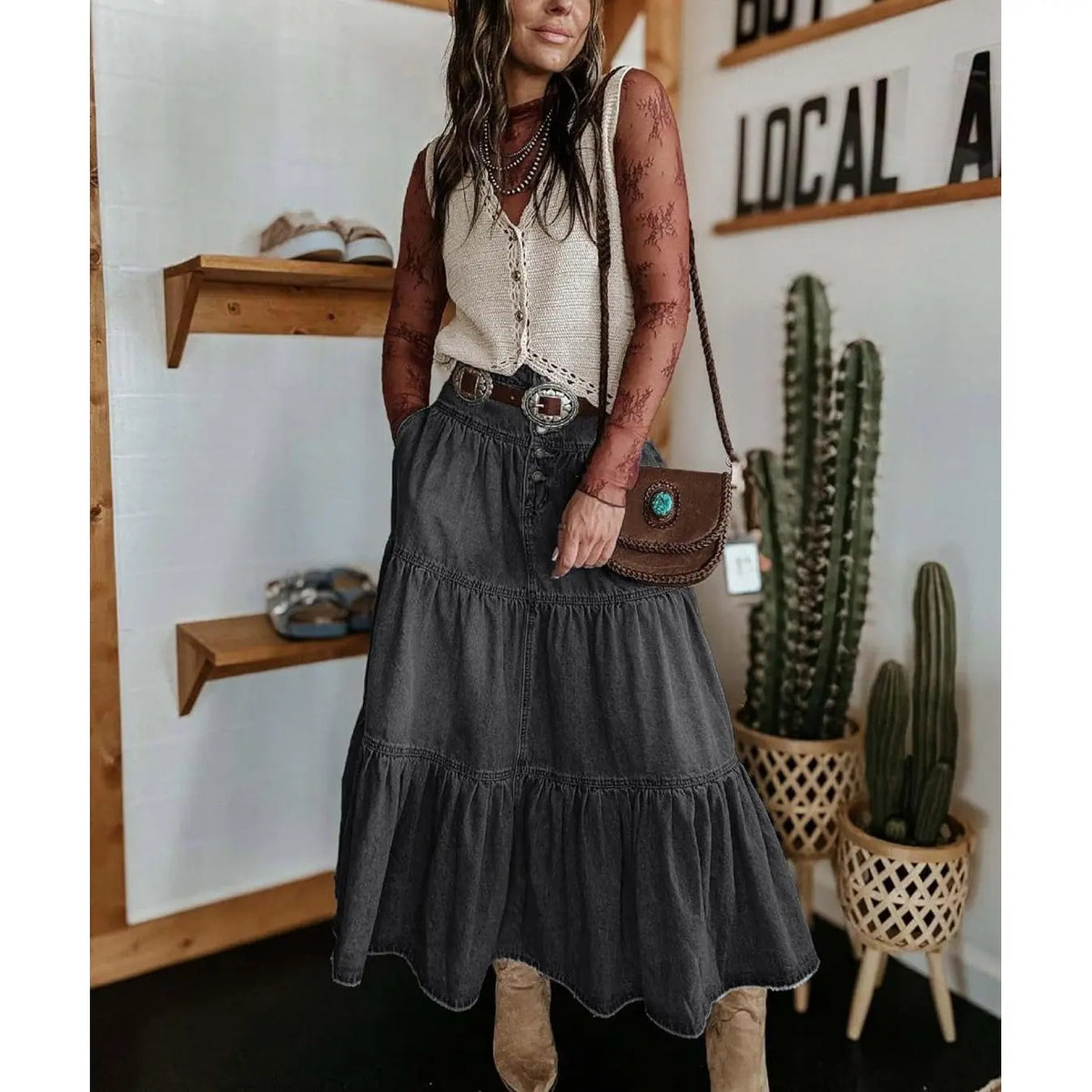 High-Waisted Tiered Denim Maxi Skirt