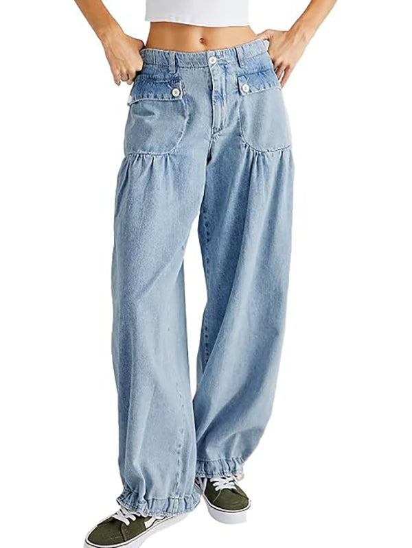 Retro mid-rise pleated loose-fitting tapered jeans