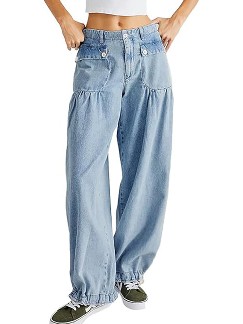 Retro mid-rise pleated loose-fitting tapered jeans