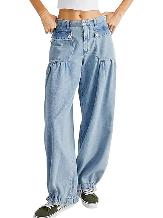 Retro mid-rise pleated loose-fitting tapered jeans