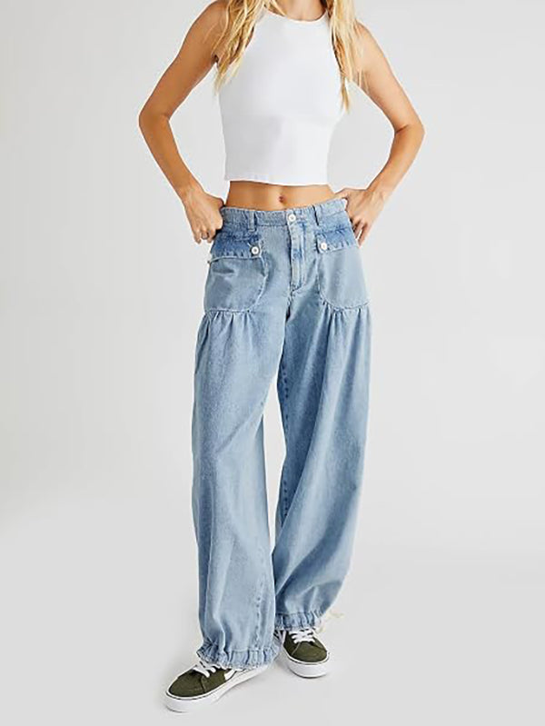 Retro mid-rise pleated loose-fitting tapered jeans