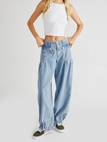 Retro mid-rise pleated loose-fitting tapered jeans