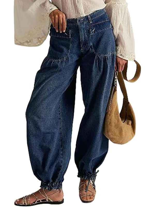 Retro mid-rise pleated loose-fitting tapered jeans